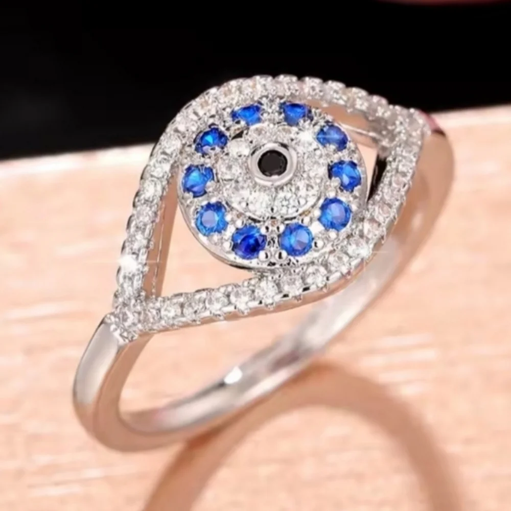 Elegant Silvery and Blue Evil Eye Ring Sz 9